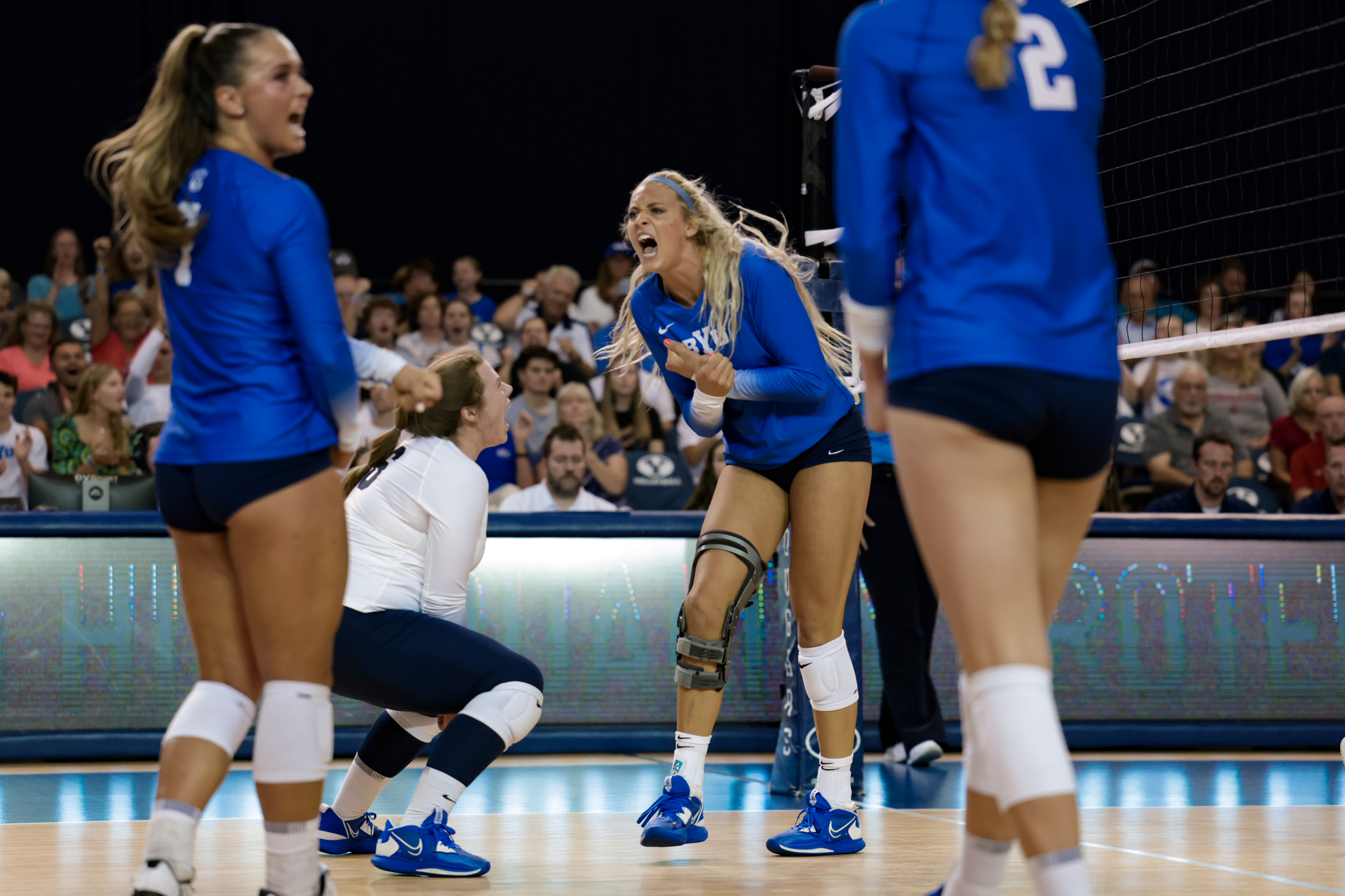Eden Bower celebrates a kill during a three set sweep of Washington State at the Smith Fieldhouse Saturday night.