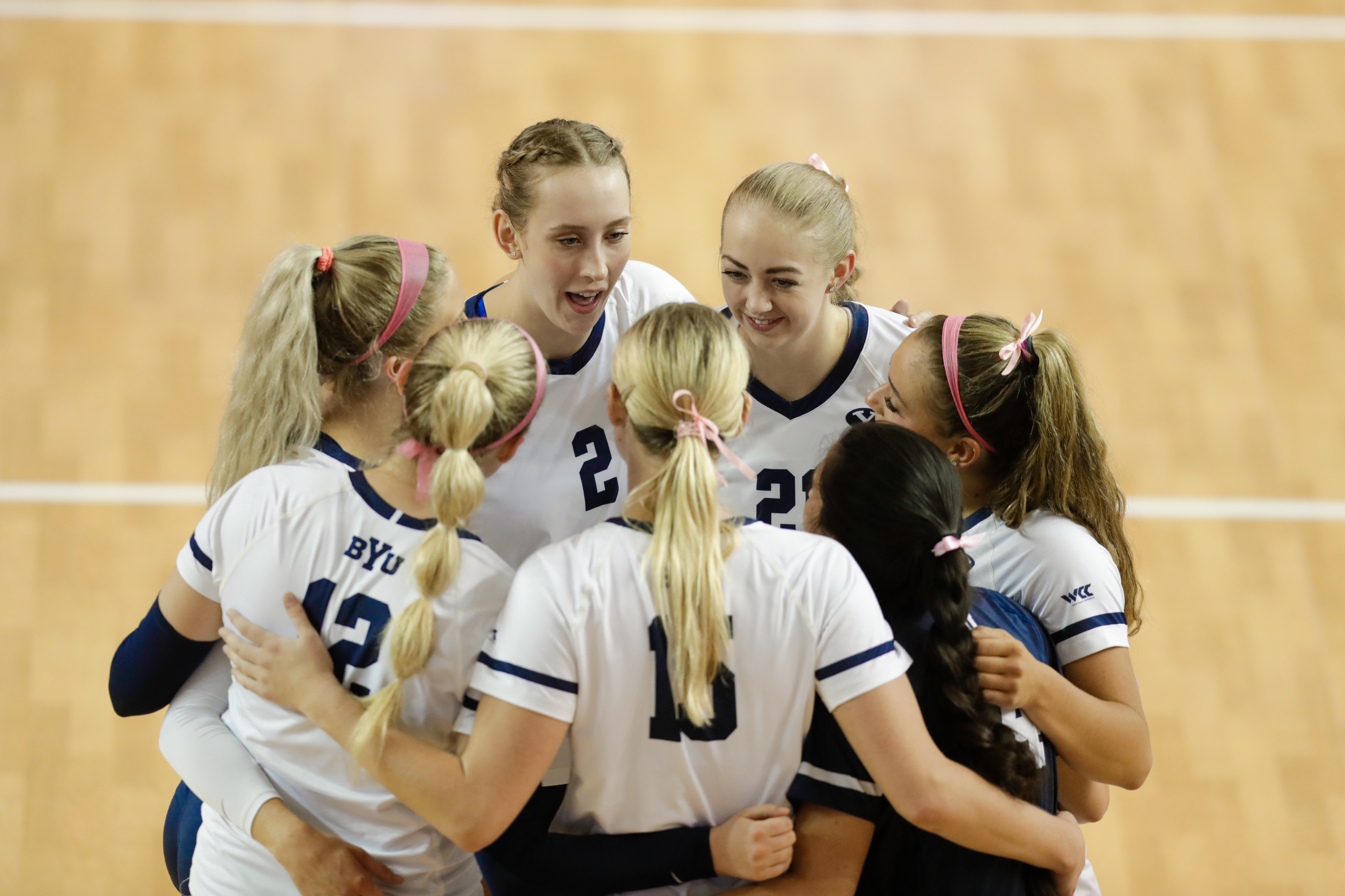 BYU women's volleyball celebrates a kill during a 3-0 sweep of Santa Clara.