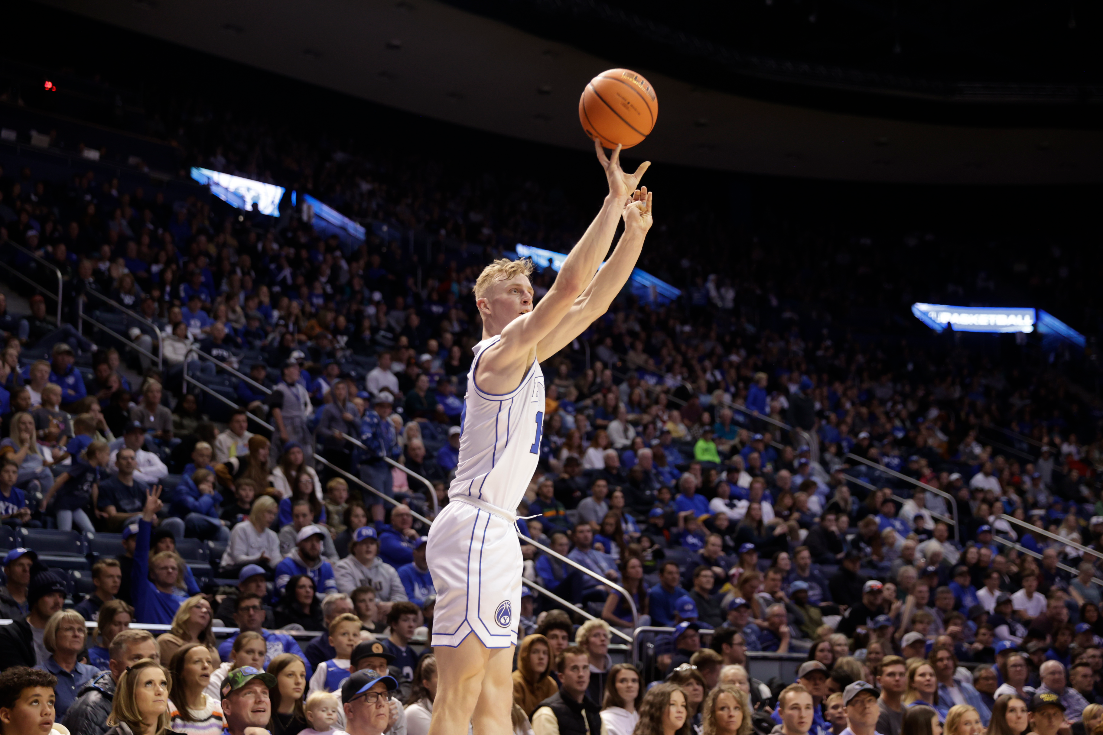Richie Saunders hits a three during an 87-73 win at the Marriott Center