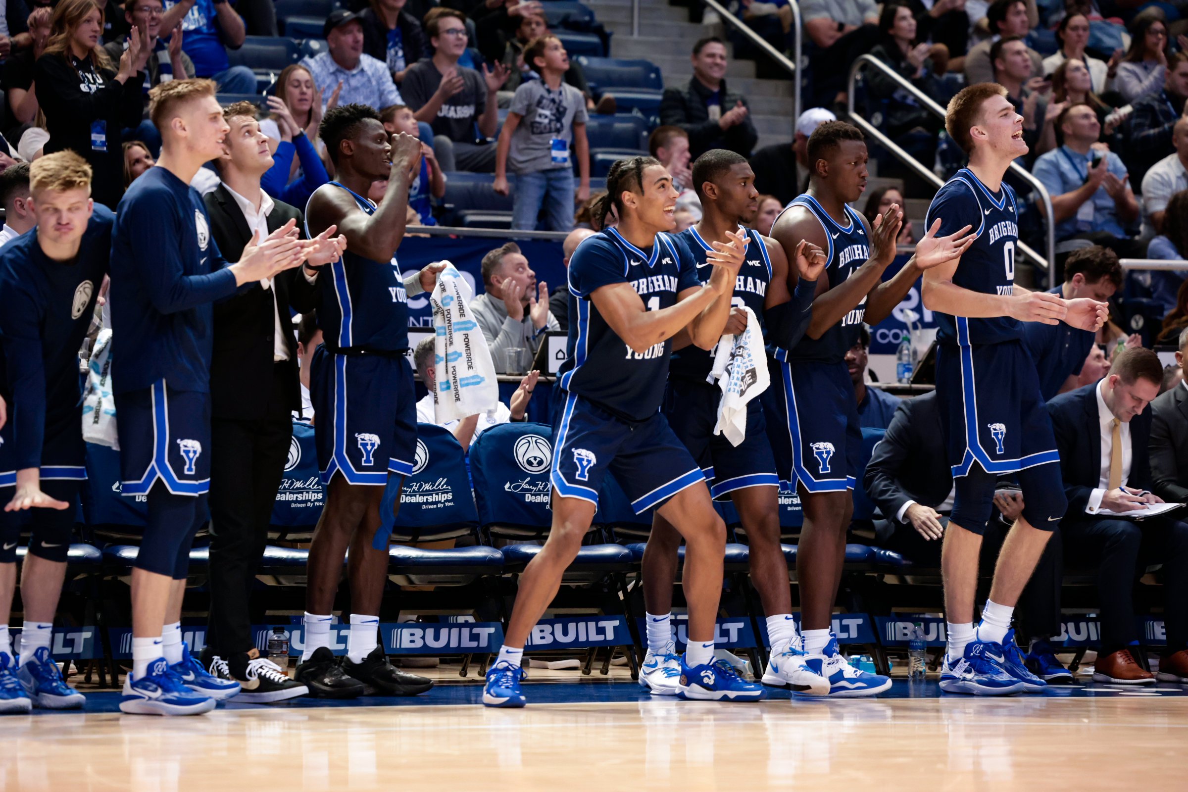 The team celebrates a score as Cougars take down Missouri State 66-64 at the Marriott Center.