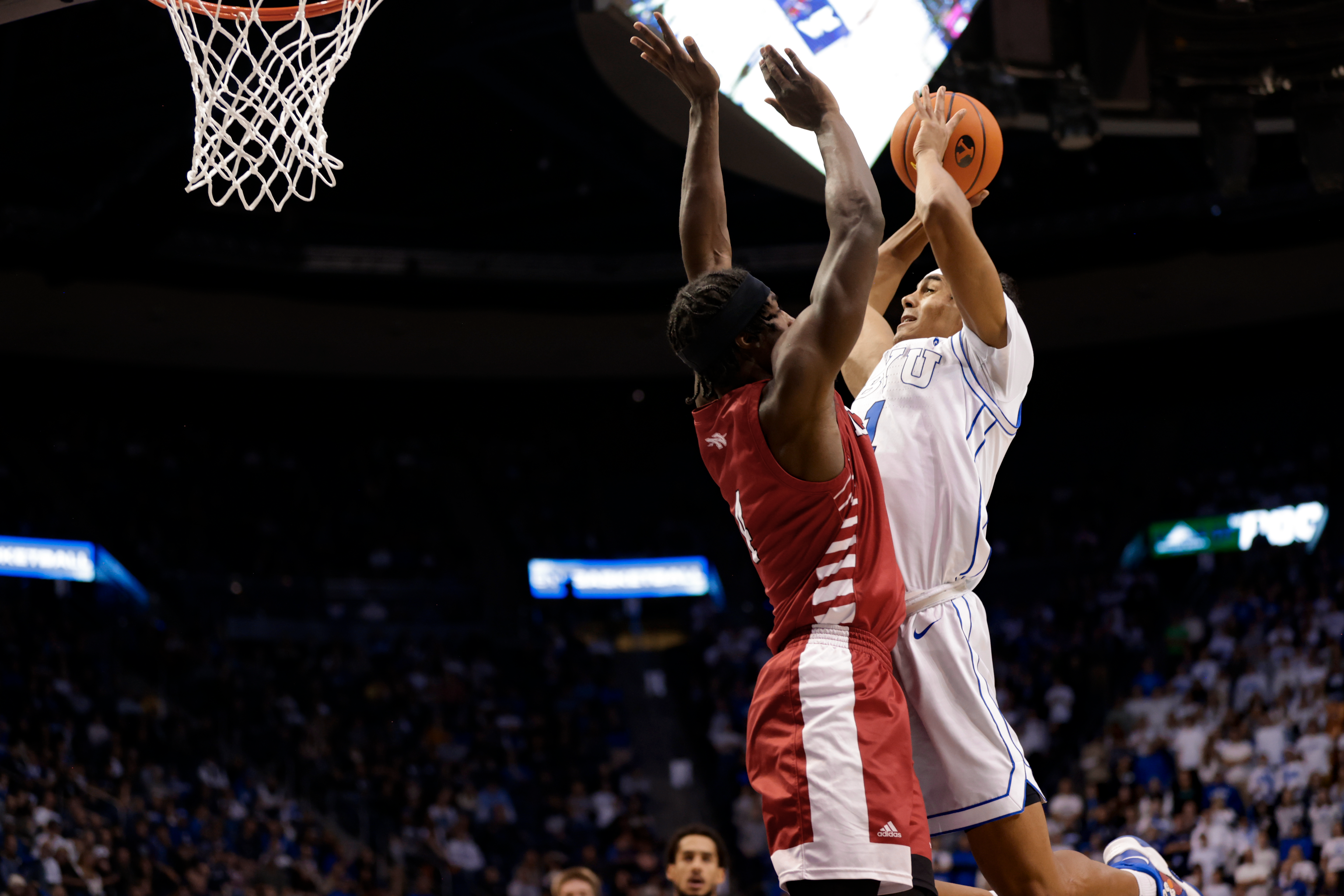 Trey Stewart drives to the basket for a layup during an 87-73 win at the Marriott Center.