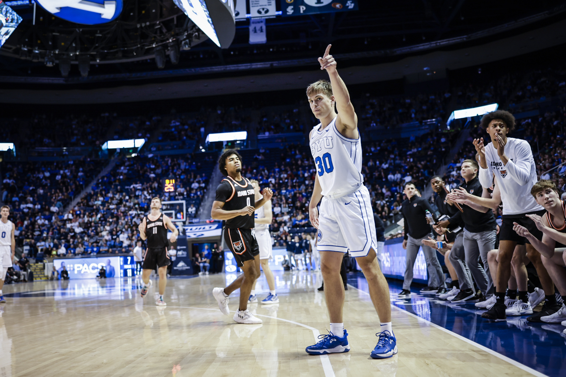 Dallin Hall points to the crowd during a game against Idaho State at the Marriott Center.