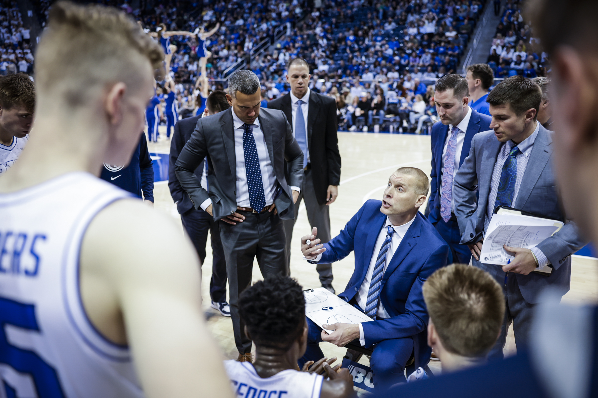 Mark Pope instructs his team in a timeout during a game against Idaho State at the Marriott Center.
