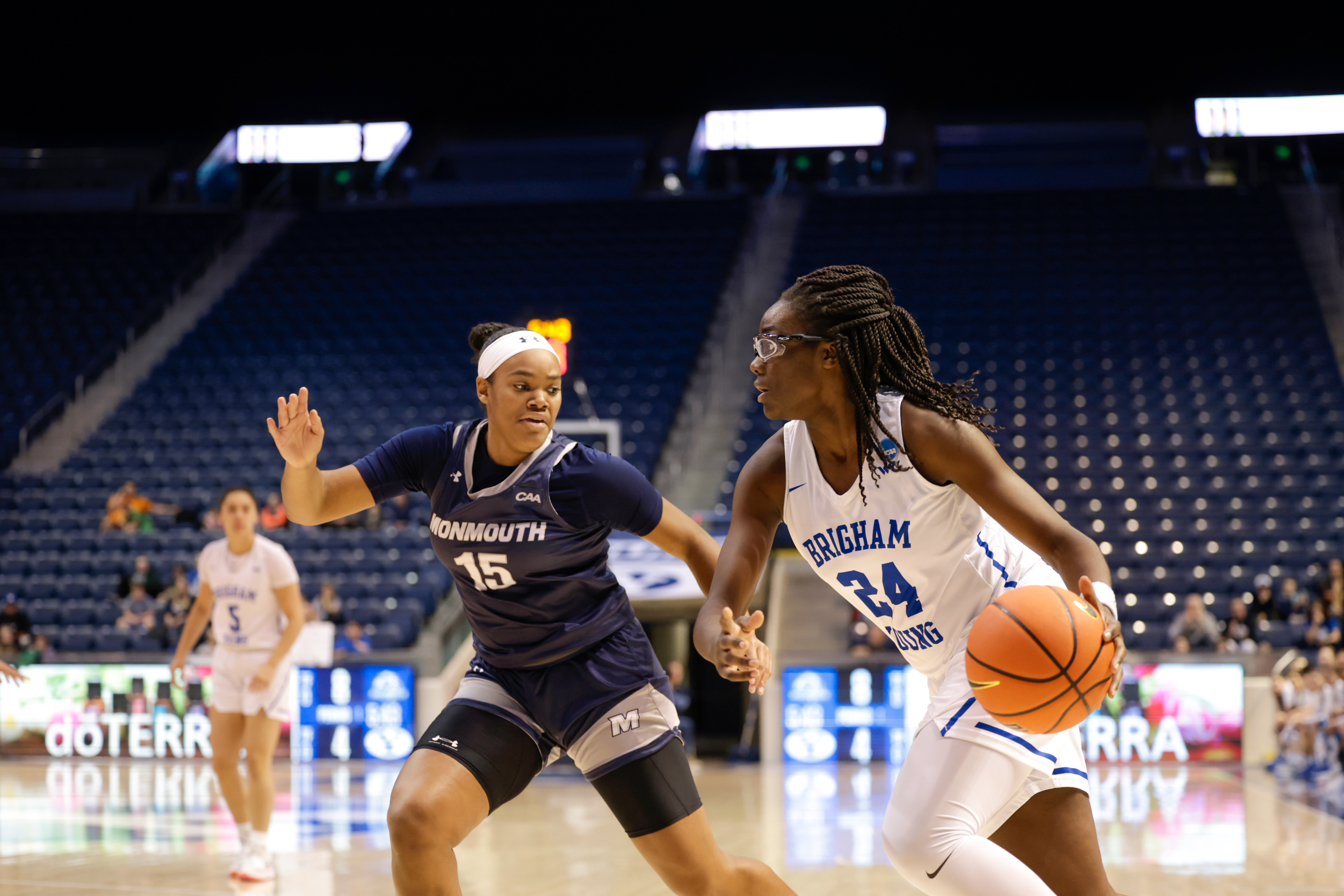 Rose Bubakar drives to the basket during a 70-50 win over Monmouth at the Marriott Center.