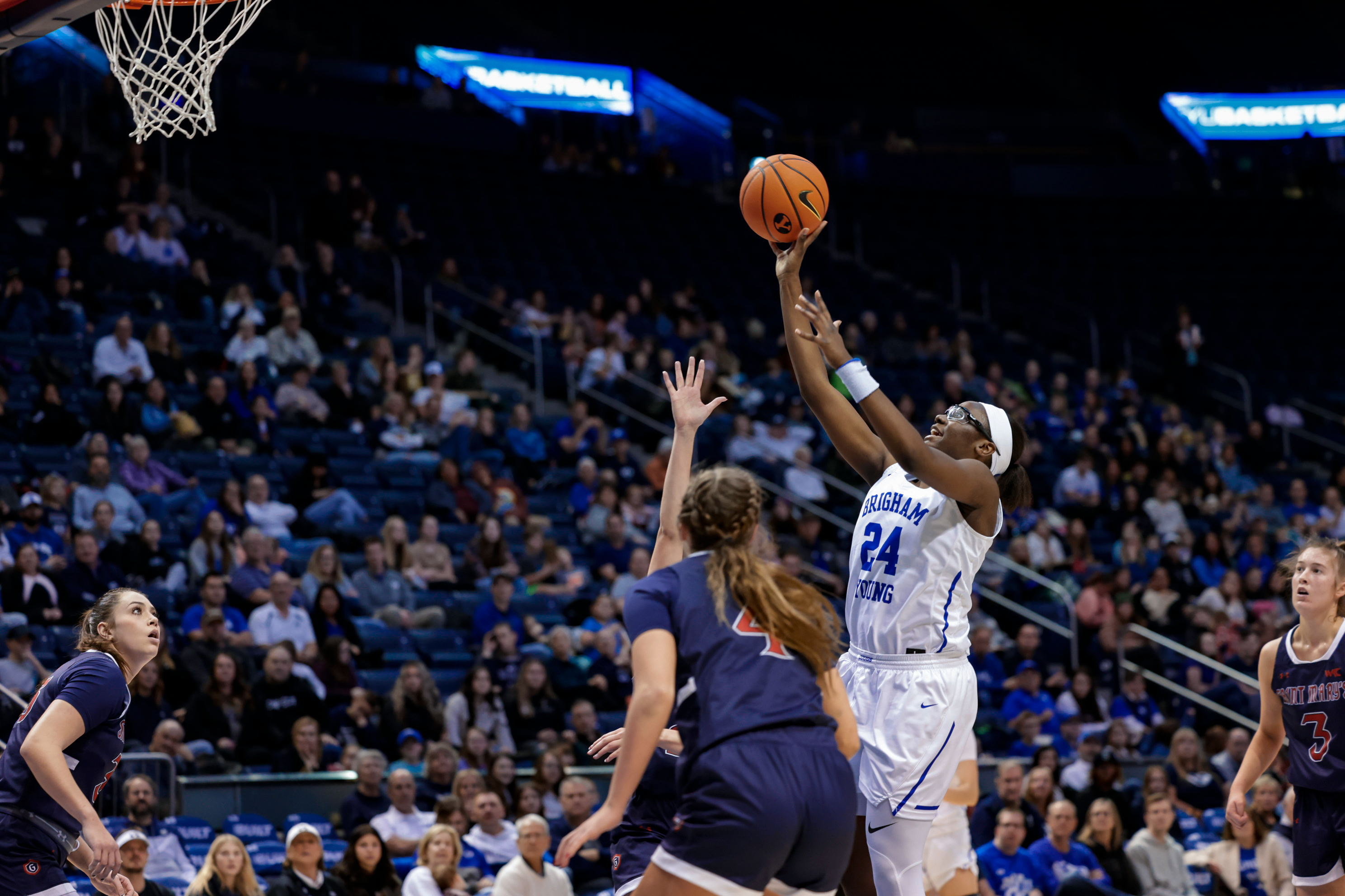 Rose Bubakar hits a shot during a game against Saint Mary's at the Marriott Center.