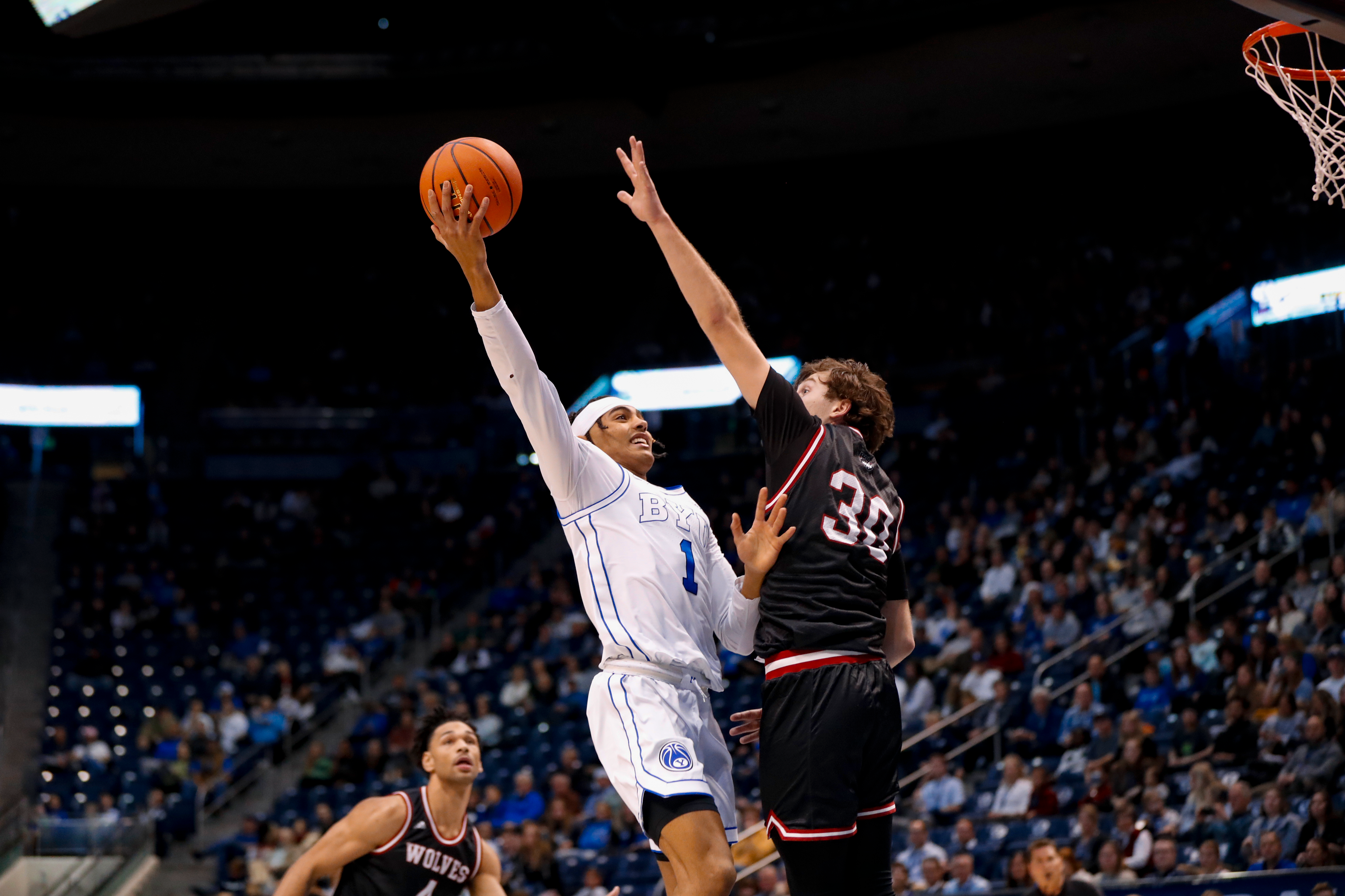 Trey Stewart puts up a shot during a game against Western Oregon at the Marriott Center.