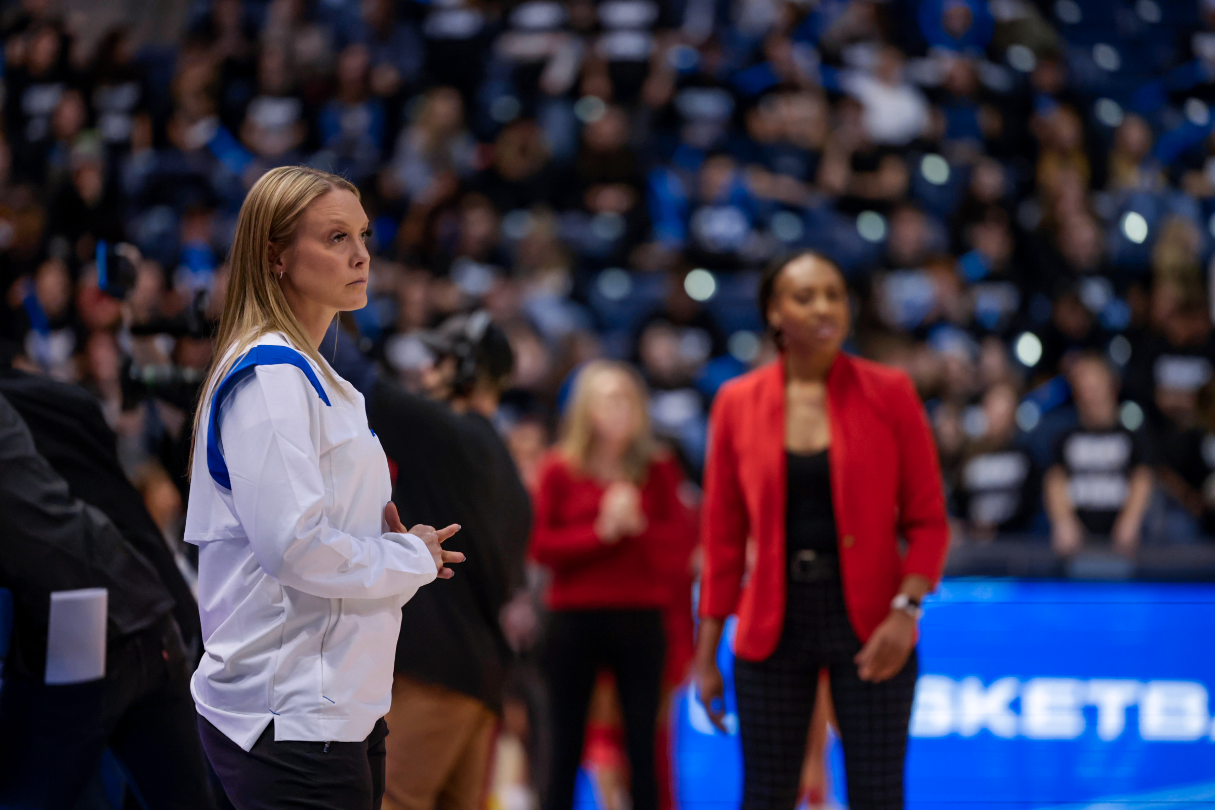 BYU head coach Amber Whiting looks on during a game against Utah on December 10, 2022.