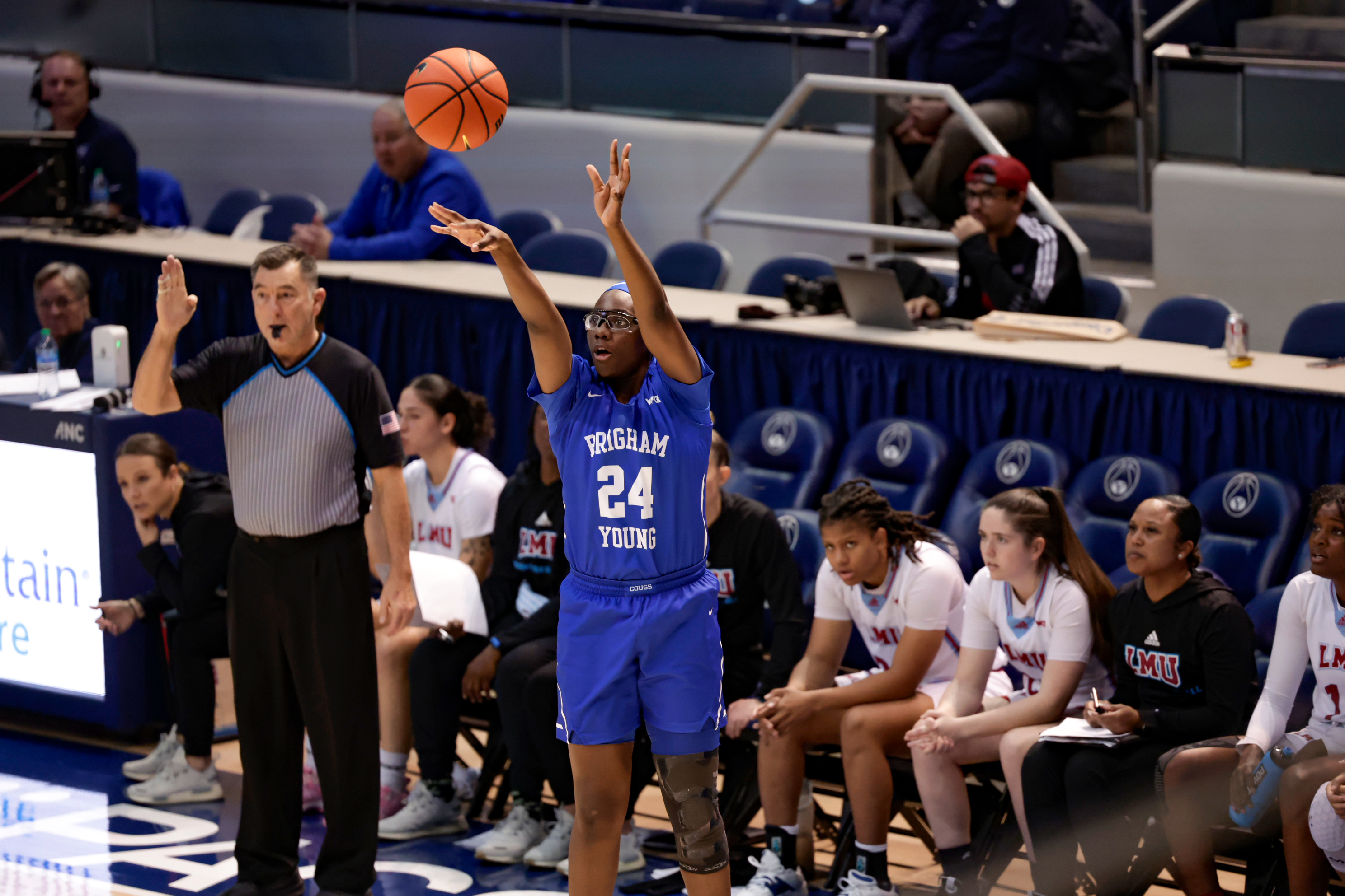 Rose Bubakar hits a three during a win over LMU at the Marriott Center.