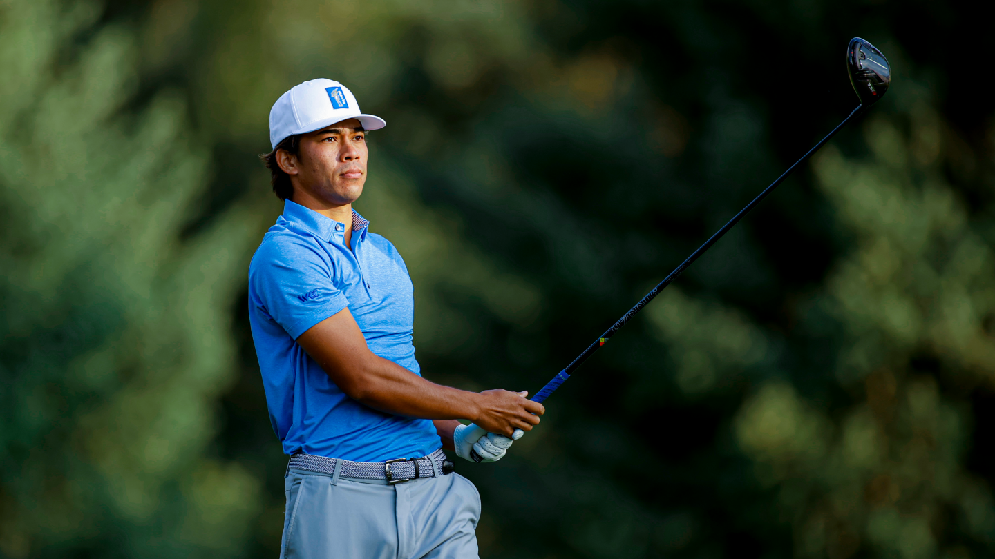 BYU men's golfer Keanu Akina hits a shot at Riverside Country Club.
