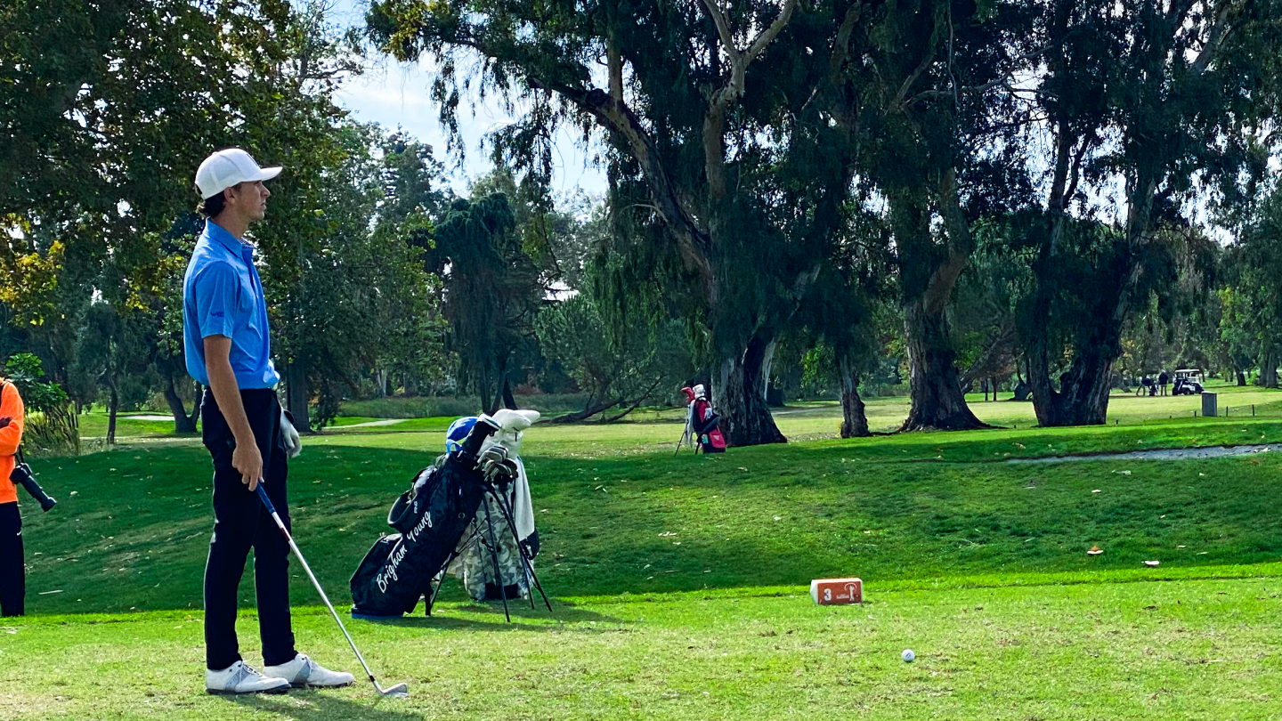 BYU men's golfer Cole Ponich lines up a tee shot at the Visit Stockton Invitational in Stockton, California.