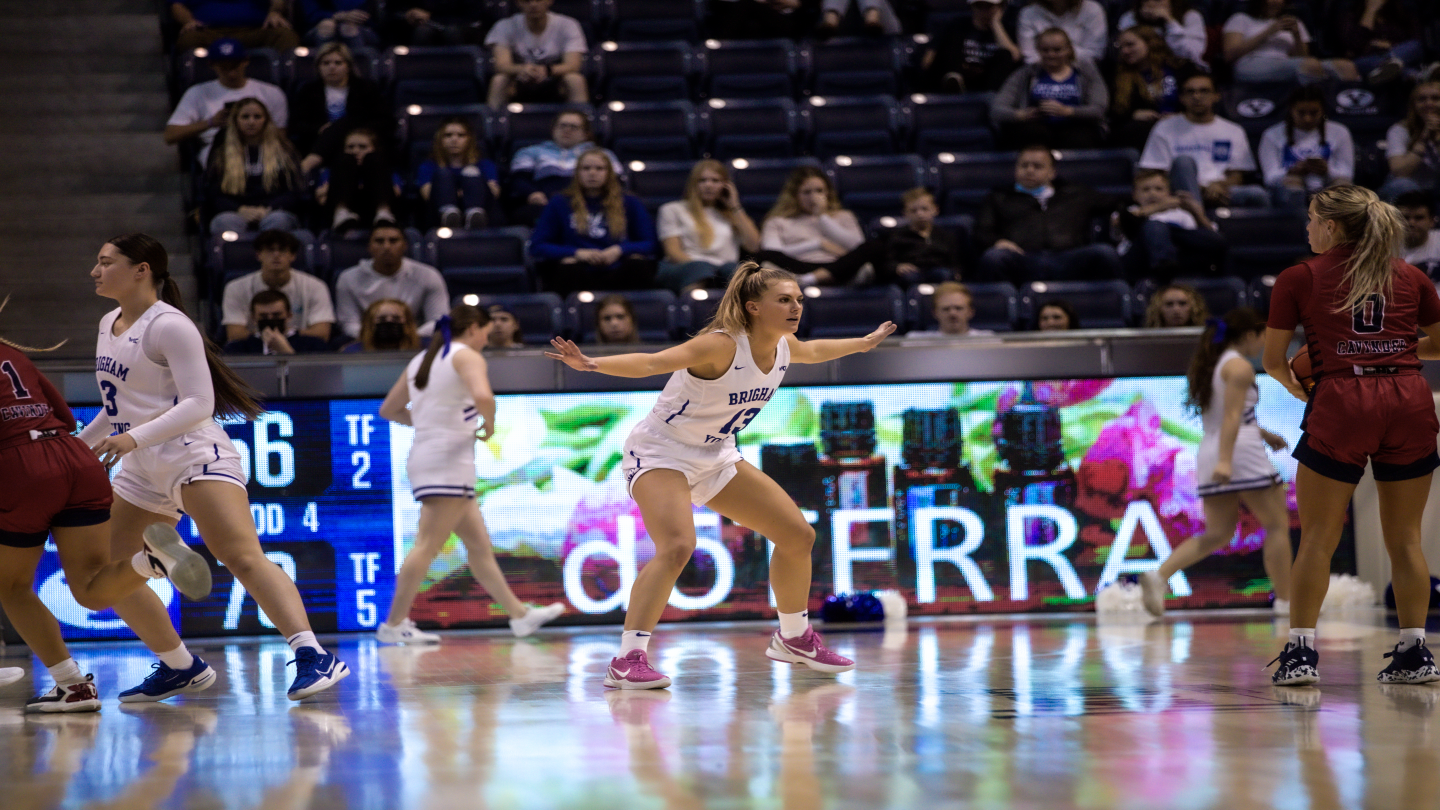 Paisley Harding plays defense in a game against Fresno State at the Marriott Center.