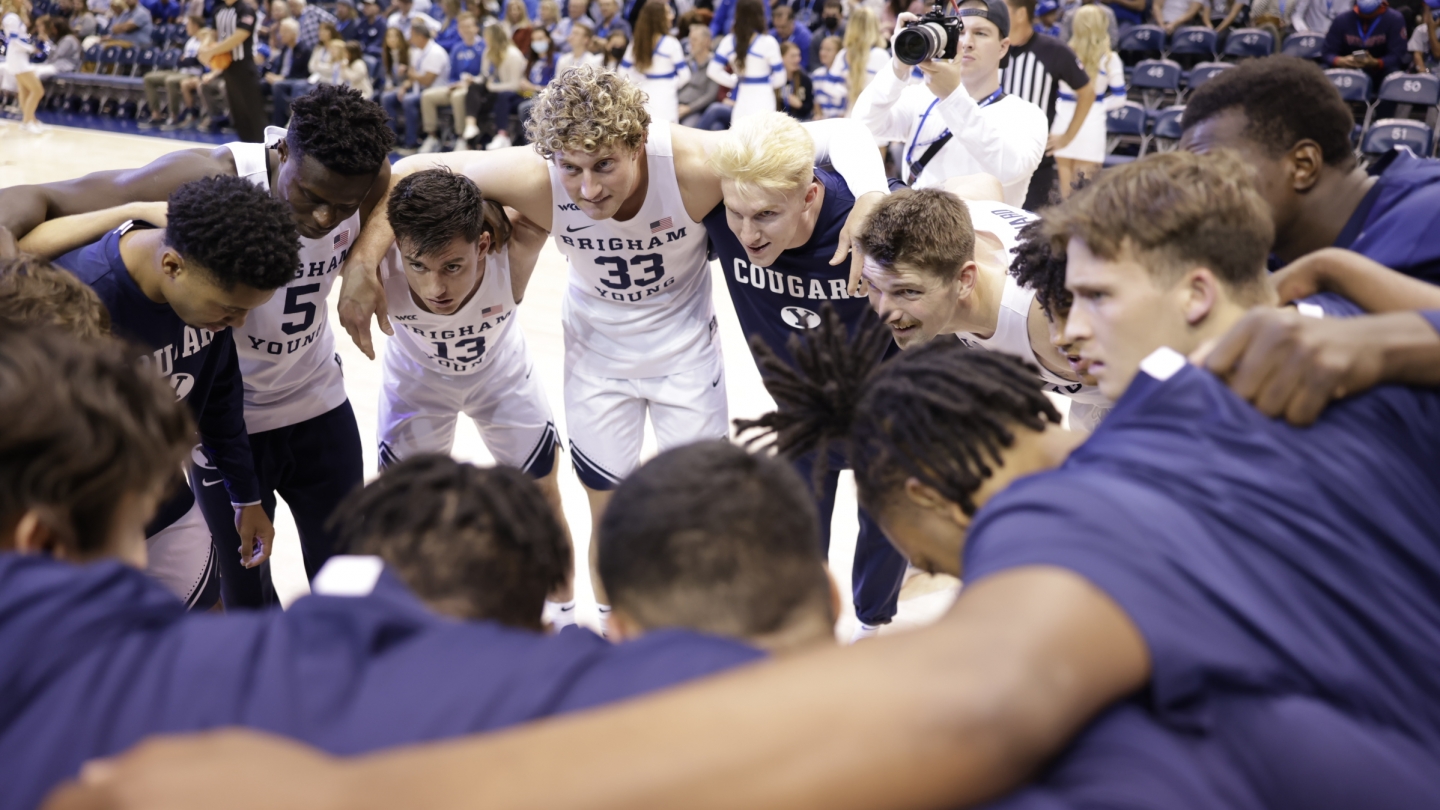 BYU men's basketball huddles together before the beginning of their 63-45 victory over Colorado Christian University.