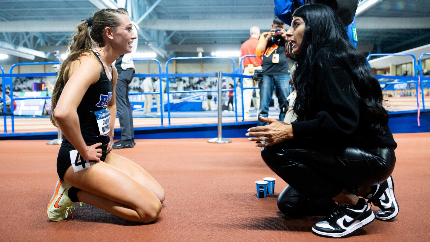 Courtney Wayment and Diljeet Taylor after 5000m national title at 2022 Indoor National Championships