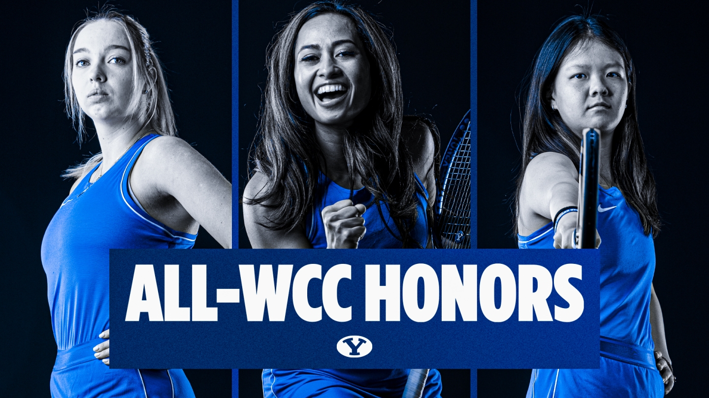 Anastasia Abramyan, Leah Heimuli and Bobo Huang posed in a graphic with "All-WCC Honors" text overlaid