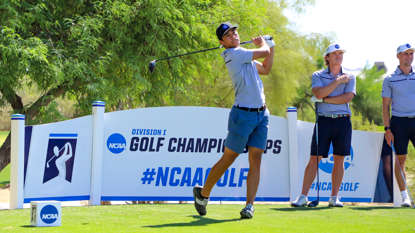 Keanu Akina hits a shot during the practice round at the National Championship.