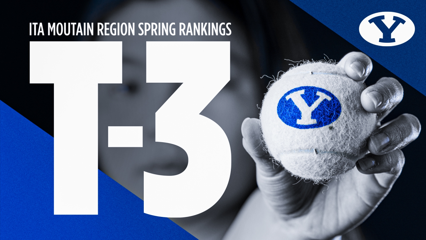 BYU Tennis graphic with player holding a tennis ball with a BYU logo on it