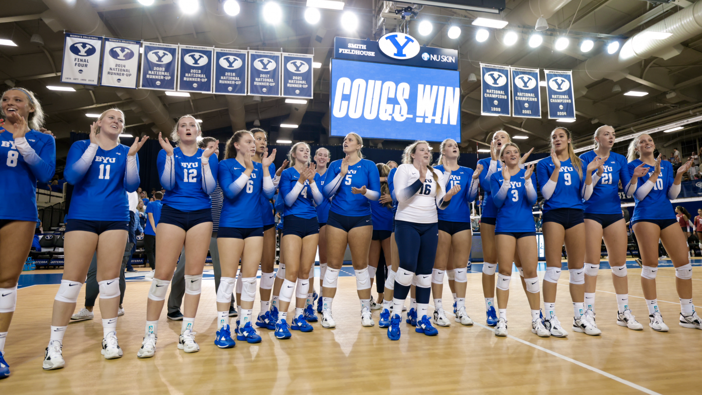 BYU women's volleyball celebrates a three set sweep of Washington State at the Smith Fieldhouse Saturday night.