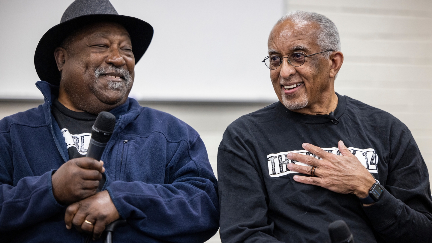 Mel Hamilton and John Griffin smile during the question and answer portion of a documentary screening at BYU