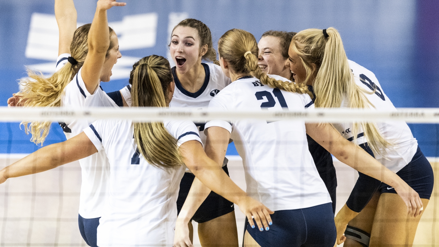 BYU women's volleyball celebrates a point during match against UVU, 9.17.22