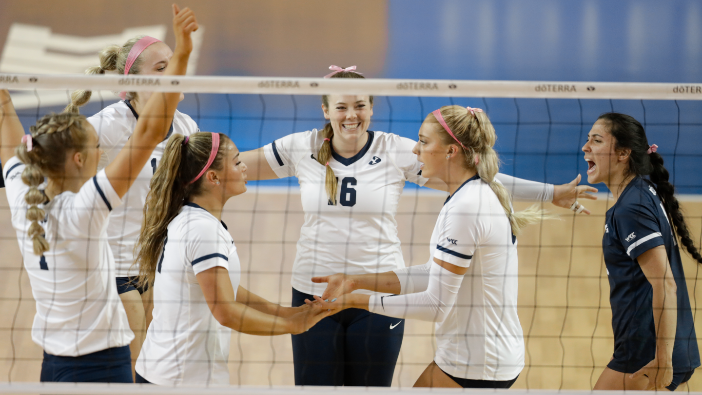 BYU women's volleyball celebrates a kill during a 3-0 sweep of Santa Clara.