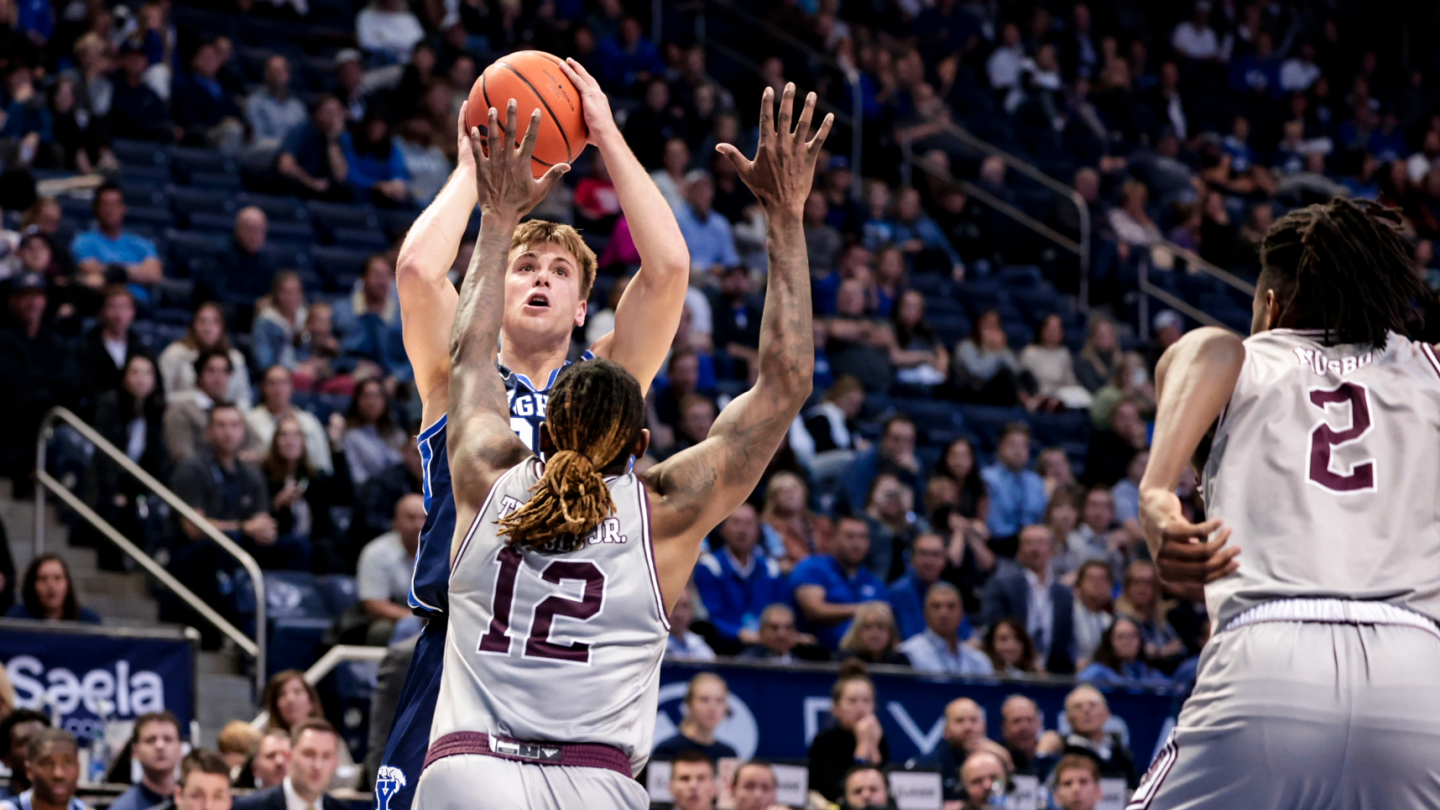 Dallin Hall hits the game winning jumper to down Missouri State at the Marriott Center on Wednesday, 66-64.