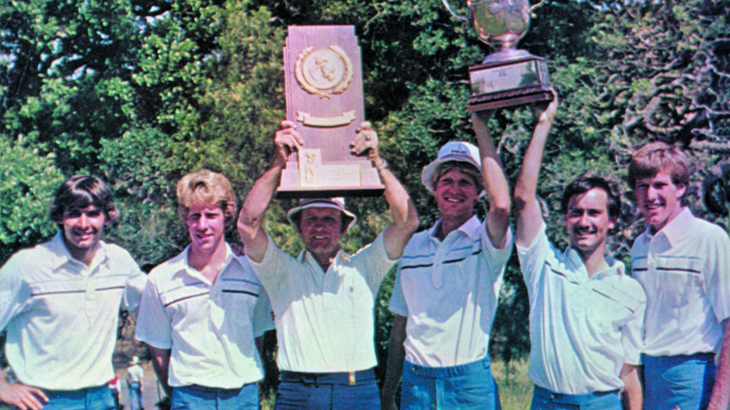 The 1981 BYU men's golf team hoists the trophy after winning the 1981 National Championship by two shots over Oral Roberts. 