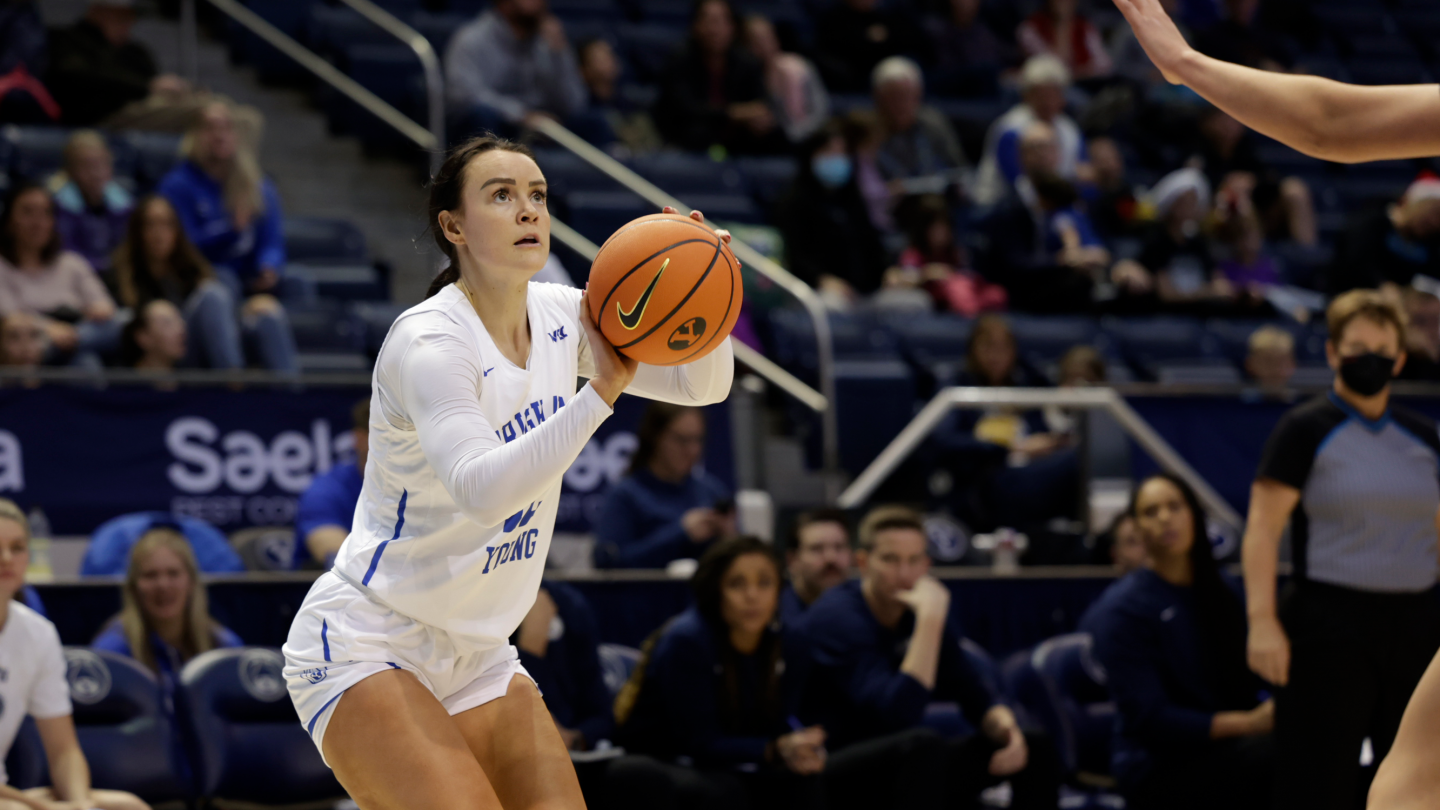 Lauren Gustin takes a shot during a 70-50 win over Monmouth at the Marriott Center.