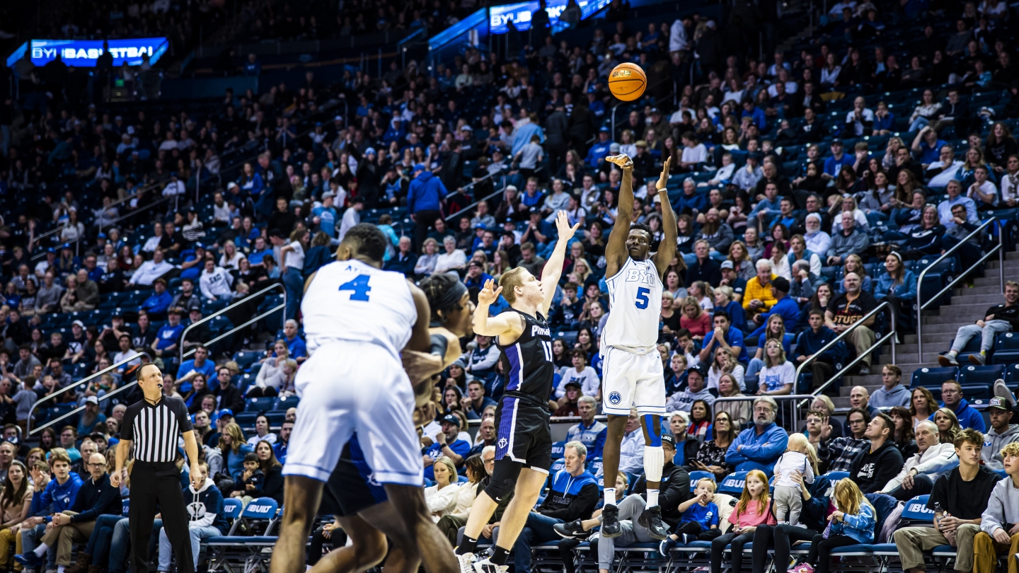 Gideon George puts up a 3-pointer in BYU's win over Portland.