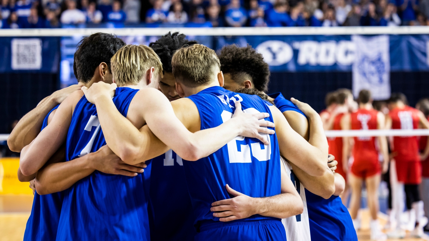 BYU men's volleyball in a huddle