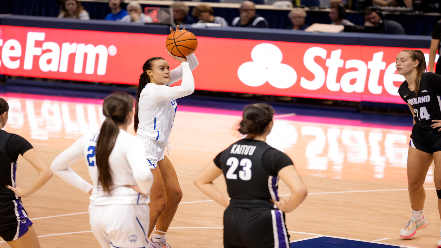 Lauren Gustin shoots a free throw during a game against Portland at the Marriott Center.