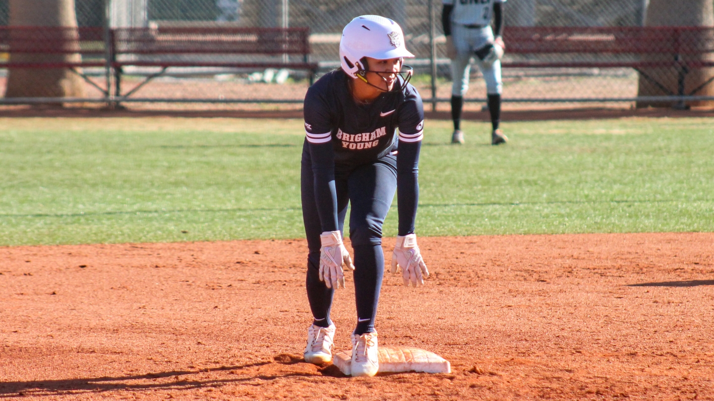 Ailana Agbayani at second base in a game against UNLV at Karl Brooks Field in St. George, Utah on March 3, 2023
