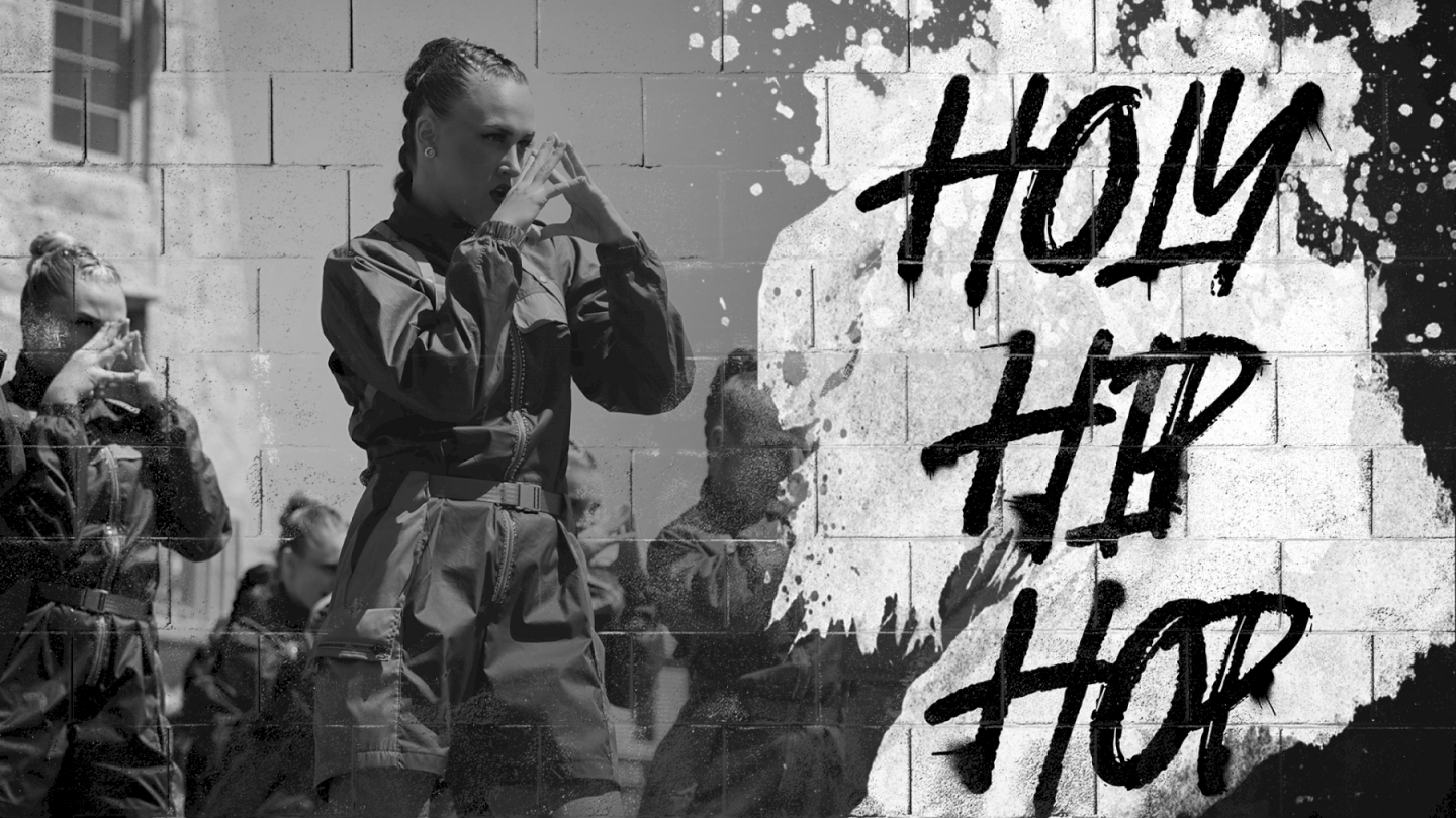 Holy Hip Hop documentary cover image with text overlay and black and white photo of dancers