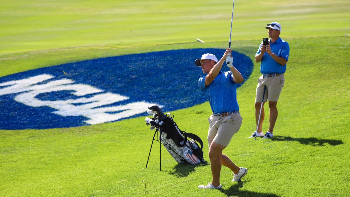 Zac Jones hits a shot during round one of the NCAA Championship.