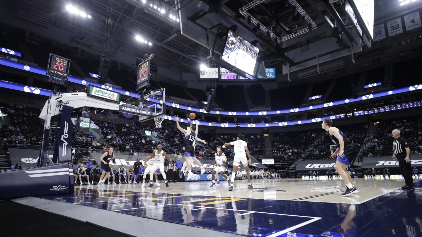 Wide shot of the Weber State vs. BYU game at Vivint Smart Home Arena
