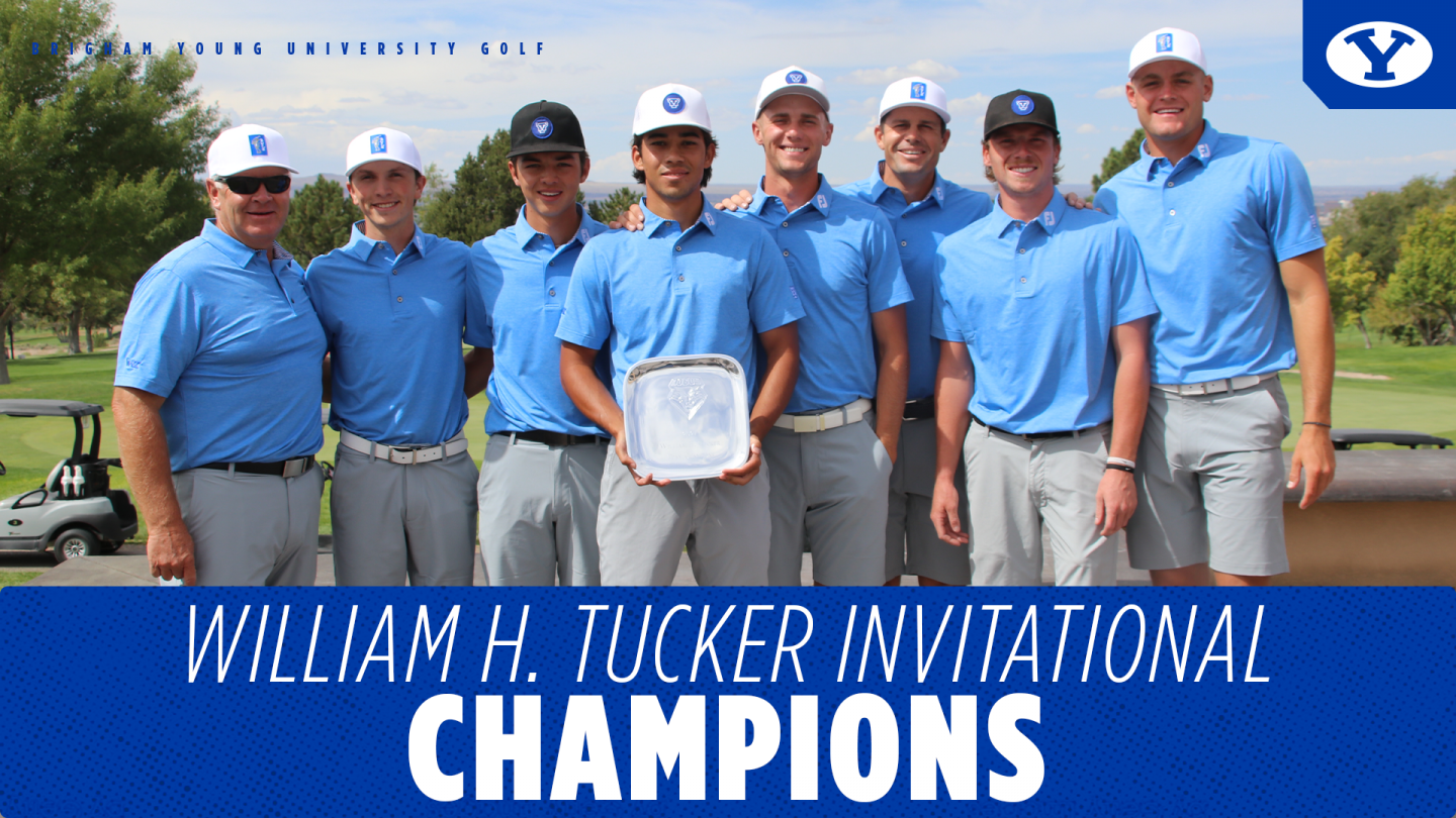 The BYU men's golf team celebrates their win at the William H. Tucker Invitational at UNM Championship Golf Cours in Albuquerque New Mexico.
