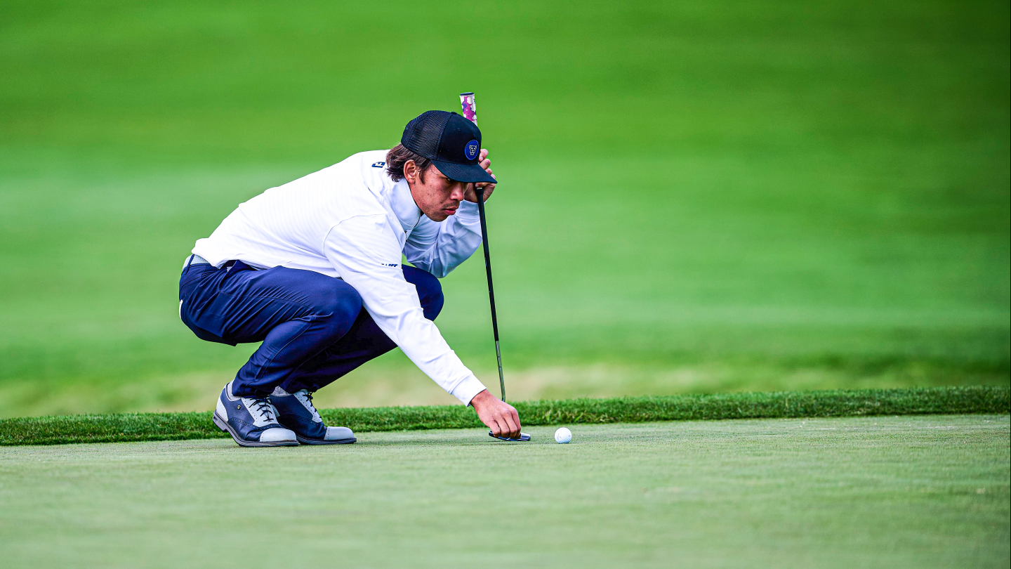 BYU golfer Keanu Akina lines up a putt at the Saint Mary's Invitational at Poppy Hills Golf Course in Pebble Beach, California.