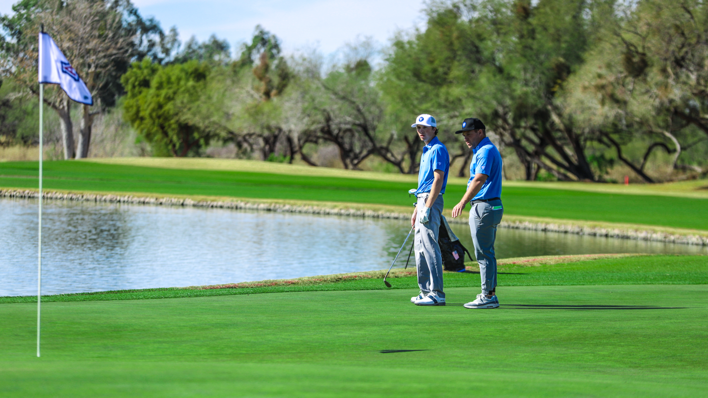 Cole Ponich and Daniel Summerhays plan a shot during the Arizona Invitational